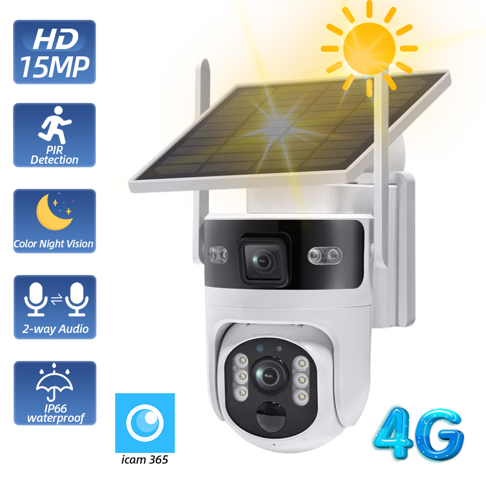 Home Office Pay - กล้องวงจรปิดไร้สายกลางแจ้ง PTZ พลังงานแสงอาทิตย์ รองรับซิม 4G เลนส์คู่