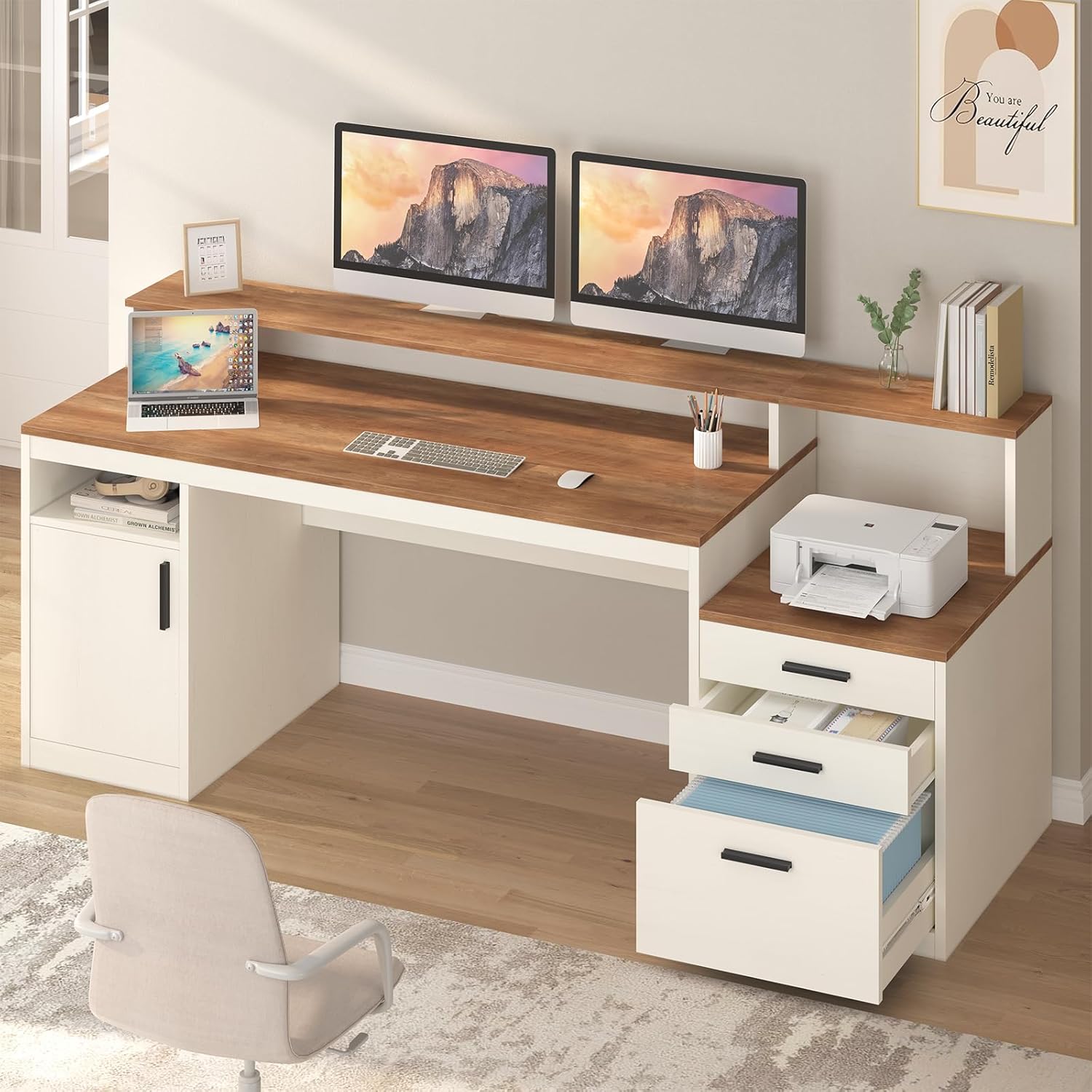 Home Office 365 - โต๊ะคอมพิวเตอร์ขนาด 65 นิ้ว พร้อมลิ้นชัก 3 ช่องและชั้นวางของ,